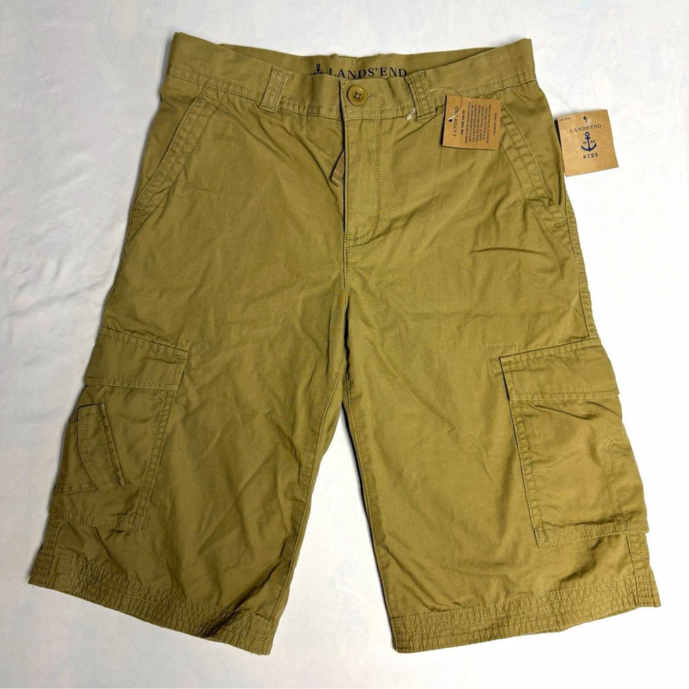 Lands' End Boys Beige Cargo Shorts 12 30W 11" Inseam Mid Rise Cotton Canvas